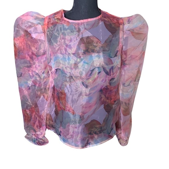 Shein Watercolor Print Semi Sheer Puff Sleeve Shirt, size medium - Picture 1 of 5